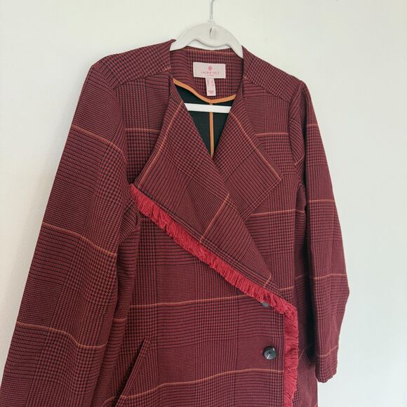 Laurie Felt Zoe Plaid Knit Fringe Trim Button Front Wrap Clueless Preppy Coat S - Picture 9 of 12